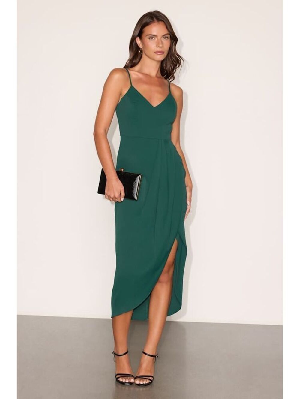 Lulus Reinette Dark Green Midi Dress Zip Party Wedding Faux Wrap Dress XS